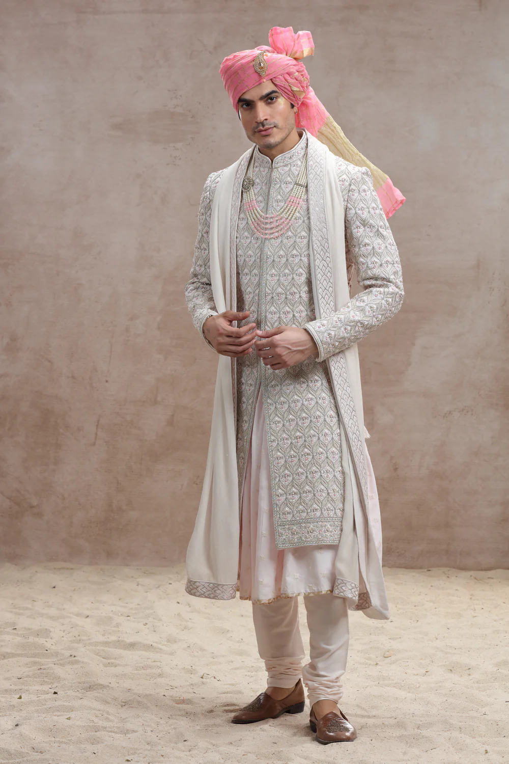 Champagne Silk Sherwani with Cut Work, Beads & Sequins
