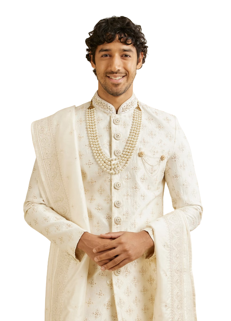 Warm White Floral Self Patterned Sherwani Set