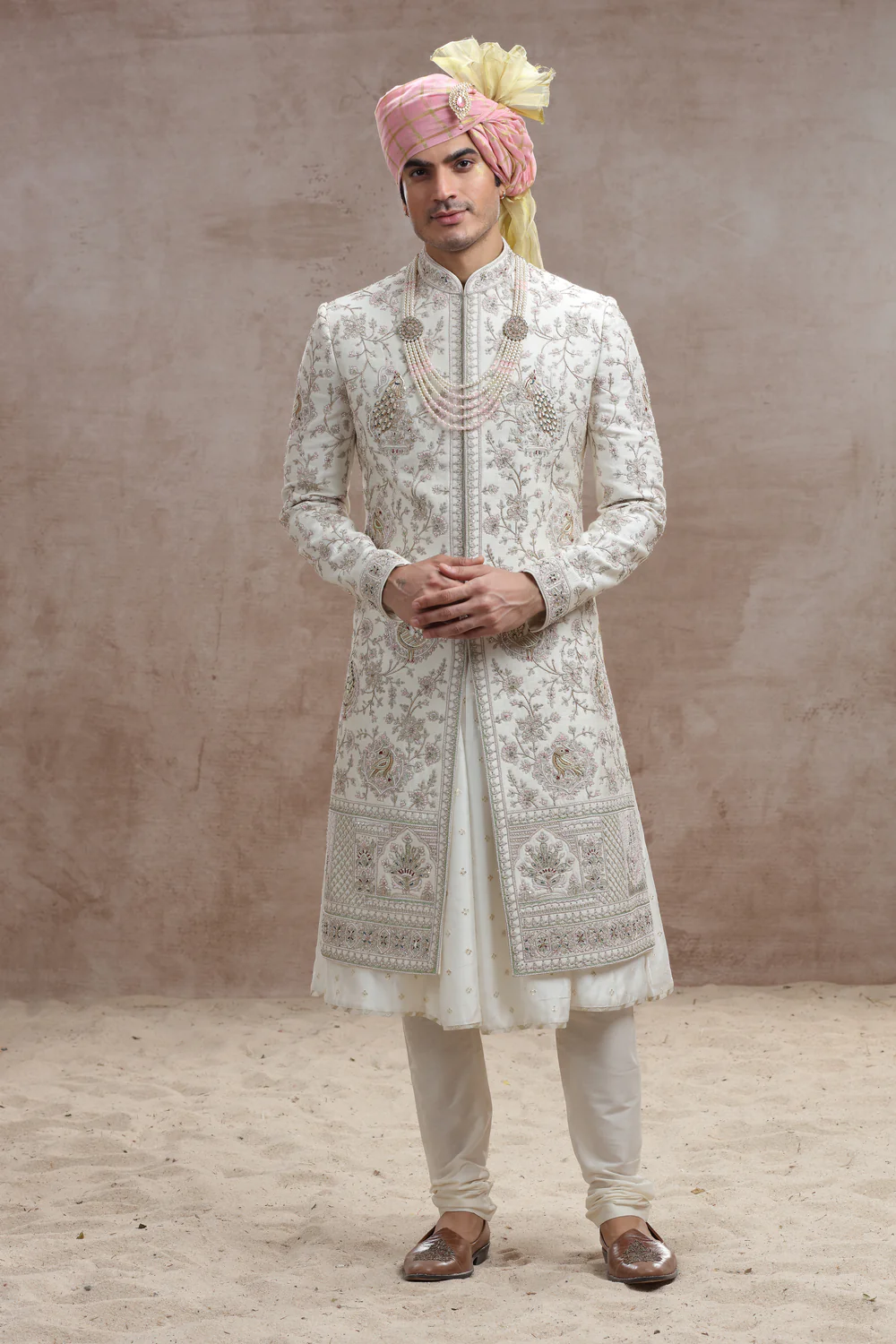 Ivory Raw Silk Sherwani with Peacock & Floral Thread Work